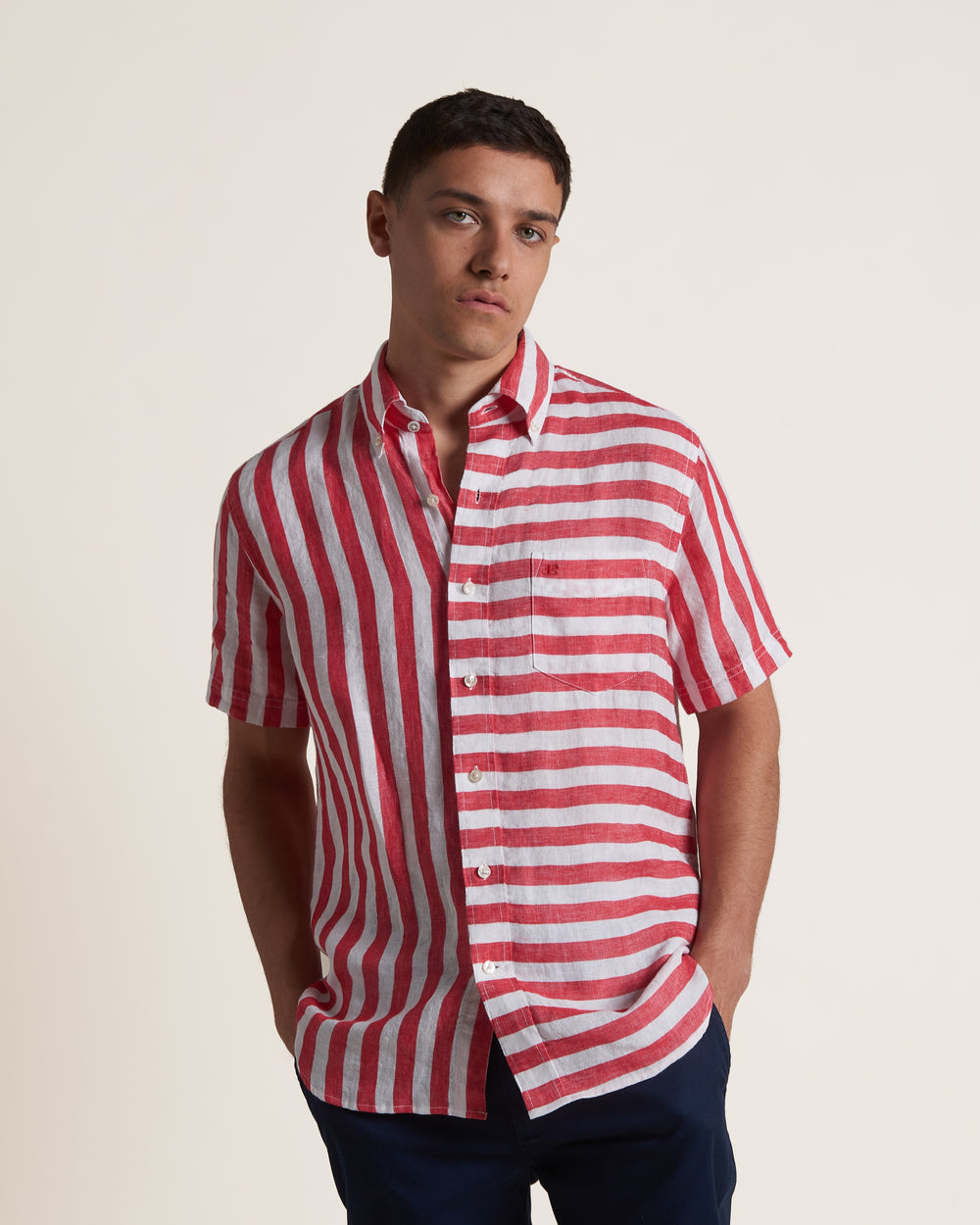 Kosele Ben Sherman B by Ben Sherman Candy Stripe Linen Short Sleeve Ruzove Červené | WZPJS4723