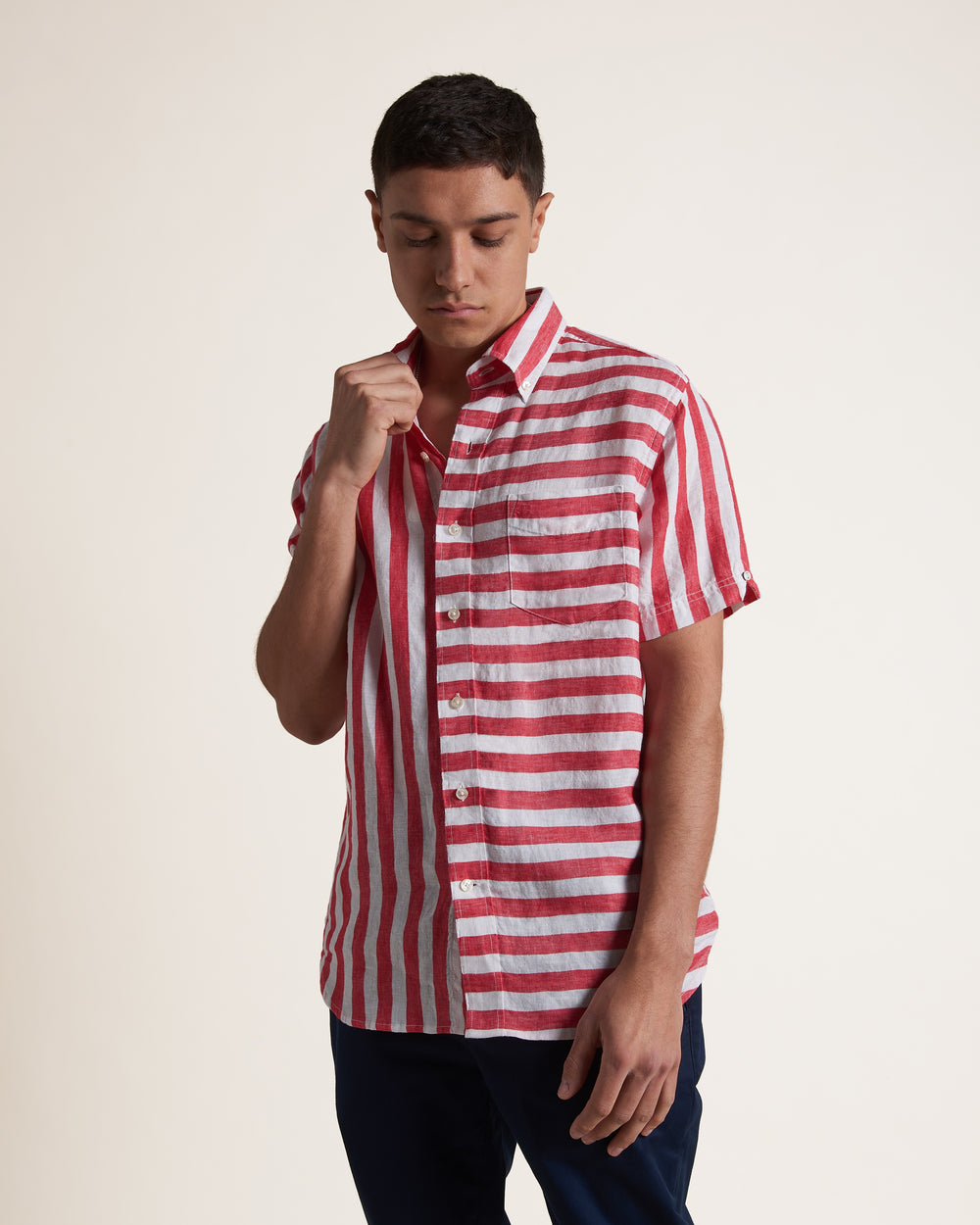 Kosele Ben Sherman B by Ben Sherman Candy Stripe Linen Short Sleeve Ruzove Červené | WZPJS4723