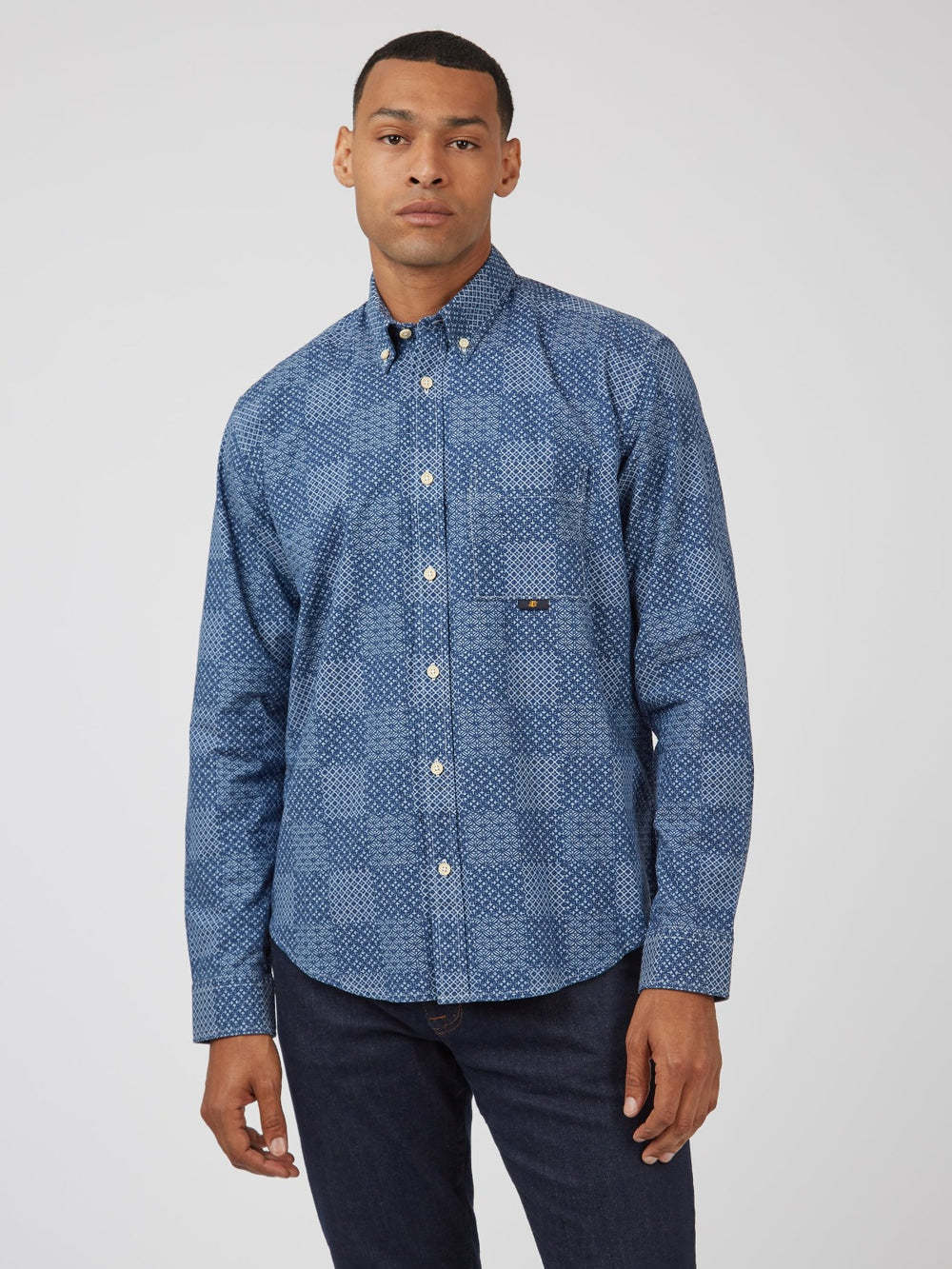 Kosele Ben Sherman Chambray Patchwork Geo Print Long-Sleeve Modre | LUFBG5328