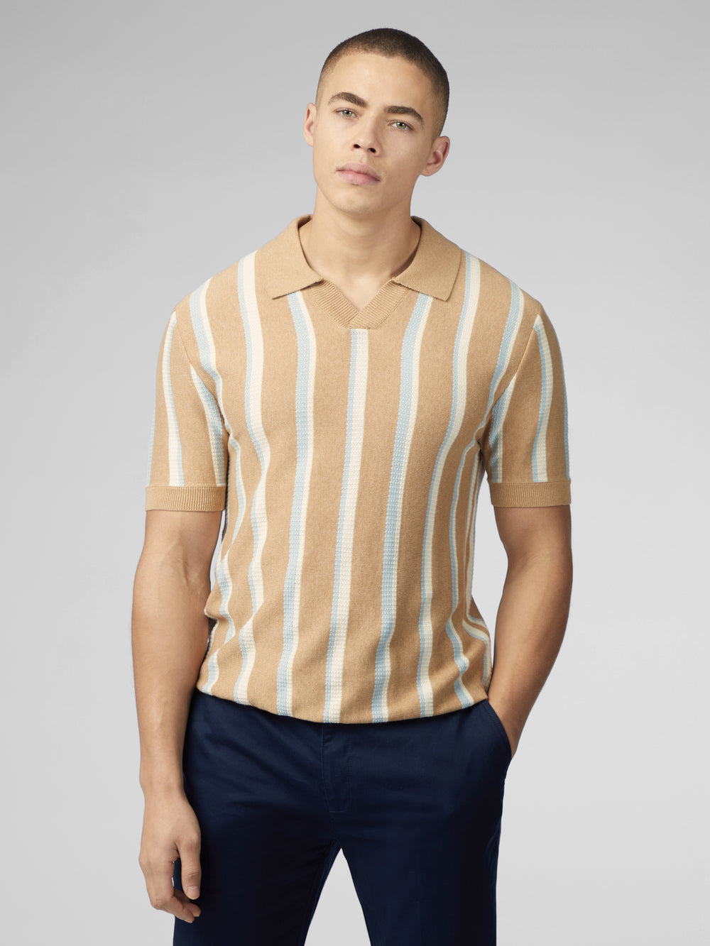 Pleteniny Ben Sherman Vertical Stripe Open Neck Polo Siva | DMVNK4972