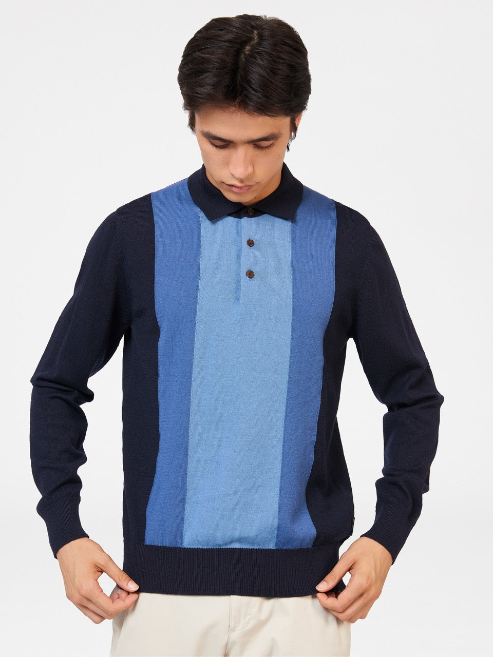 Polo Svetre S Výstrihom Ben Sherman Block Stripe Merino Námornícka Modrá | BSATK8251